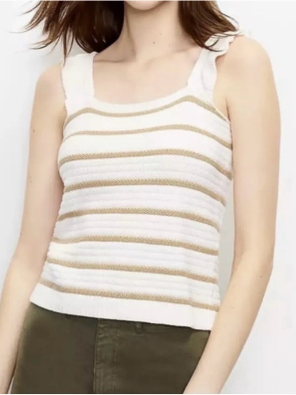Loft Womens Sleeveless Knit Tank Top Cream Taupe Ruffle Straps Preppy Size Large